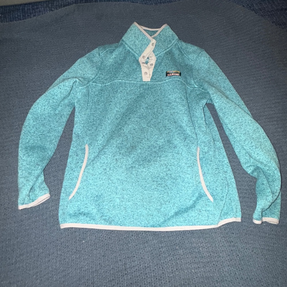 LL Bean Sweater Fleece Pullover Teal Marl Snap Neck Small Petite Winter Layering